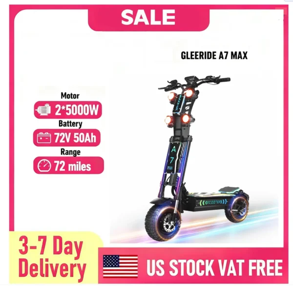 GLEERIDE A7 MAX 13" Off-road Electric Scooter 2*5000W Motors 72V 50Ah Battery