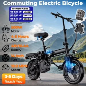 LELEKUAI 500W Adult Electric Bike, 20 MPH, 48V 10.4Ah Removable Battery, 14 Inch Folding Electric Bike, Multi-Shock Absorption