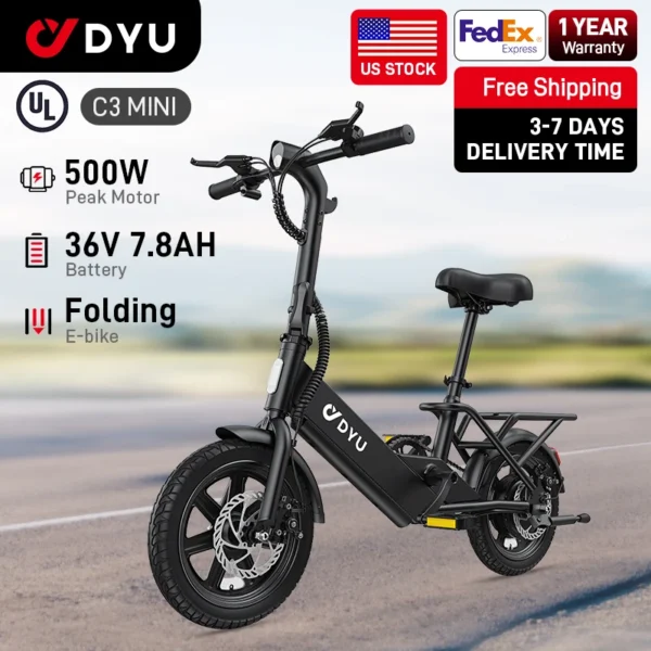 【1 Year Warranty】DYU C3 14 inch Folding Electric Bicycle Peak 500W Motor 280WH Battery Electric Bike,20mph city E-bike UL2849